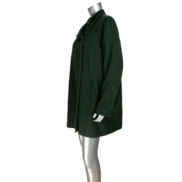 Eileen Fisher Waffle Dark Green Wool Blend Coat With Asymmetric Collar L - Picture 2 of 8
